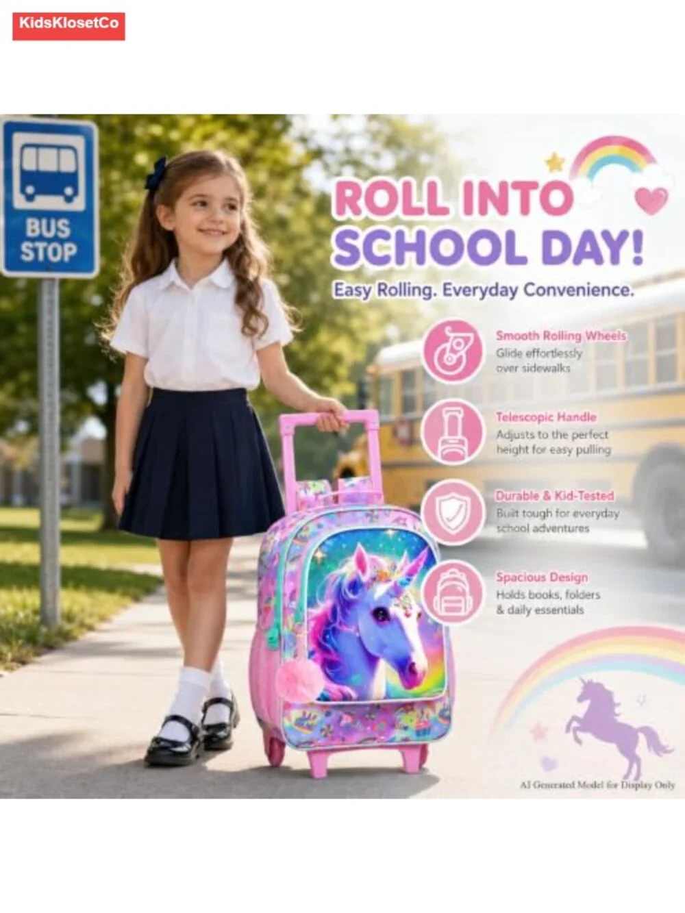 Girls Rolling Backpack with Wheels - Unicorn School Bag
